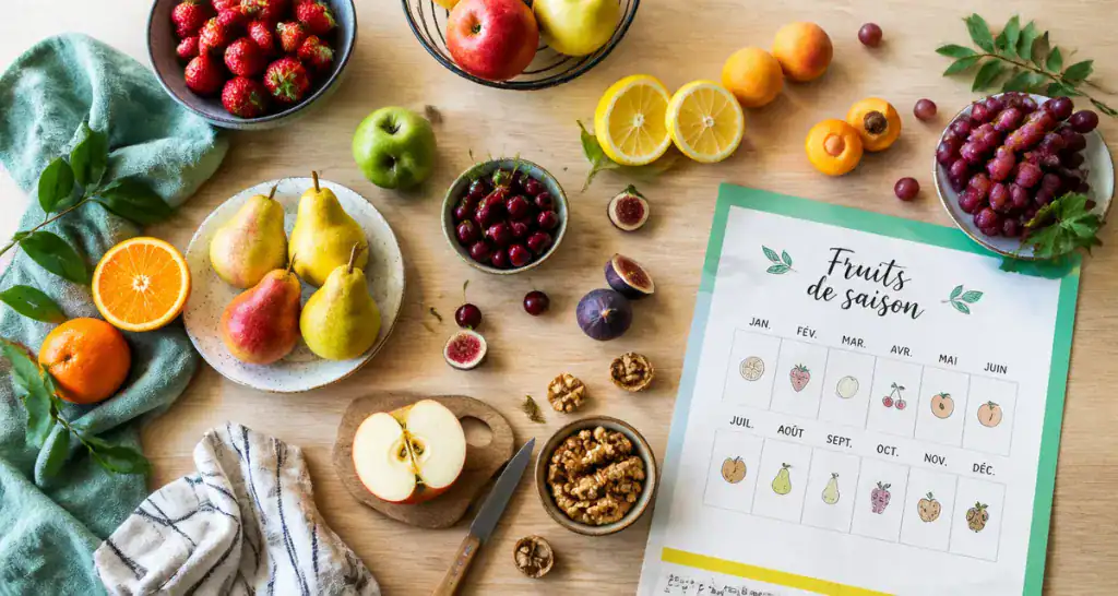Saisonnalité des fruits sur table avec calendrier