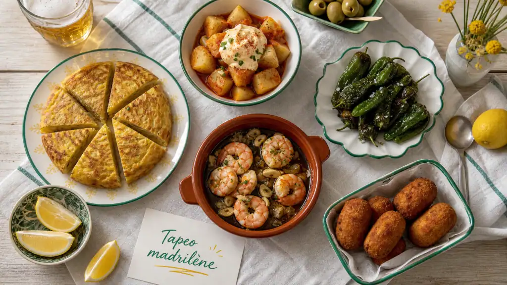 Tapas espagnols pour apéritif : tortilla, bravas, pimientos et gambas
