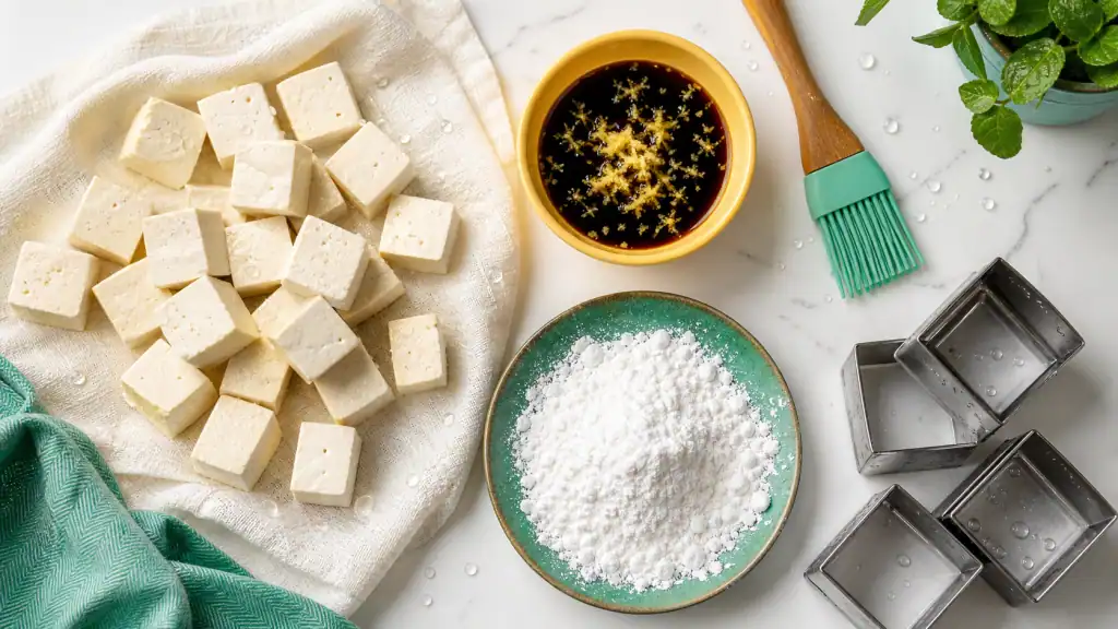 Tofu définition : cubes de tofu marinés sur ardoise, sauce soja et gingembre
