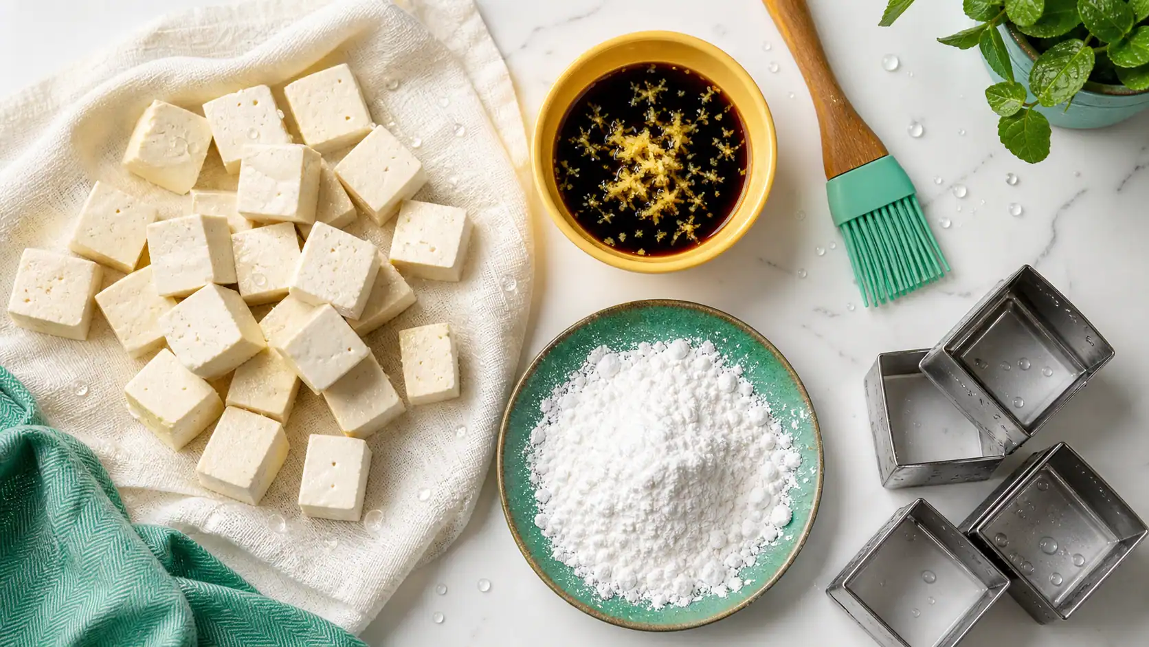 Tofu définition : cubes de tofu marinés sur ardoise, sauce soja et gingembre
