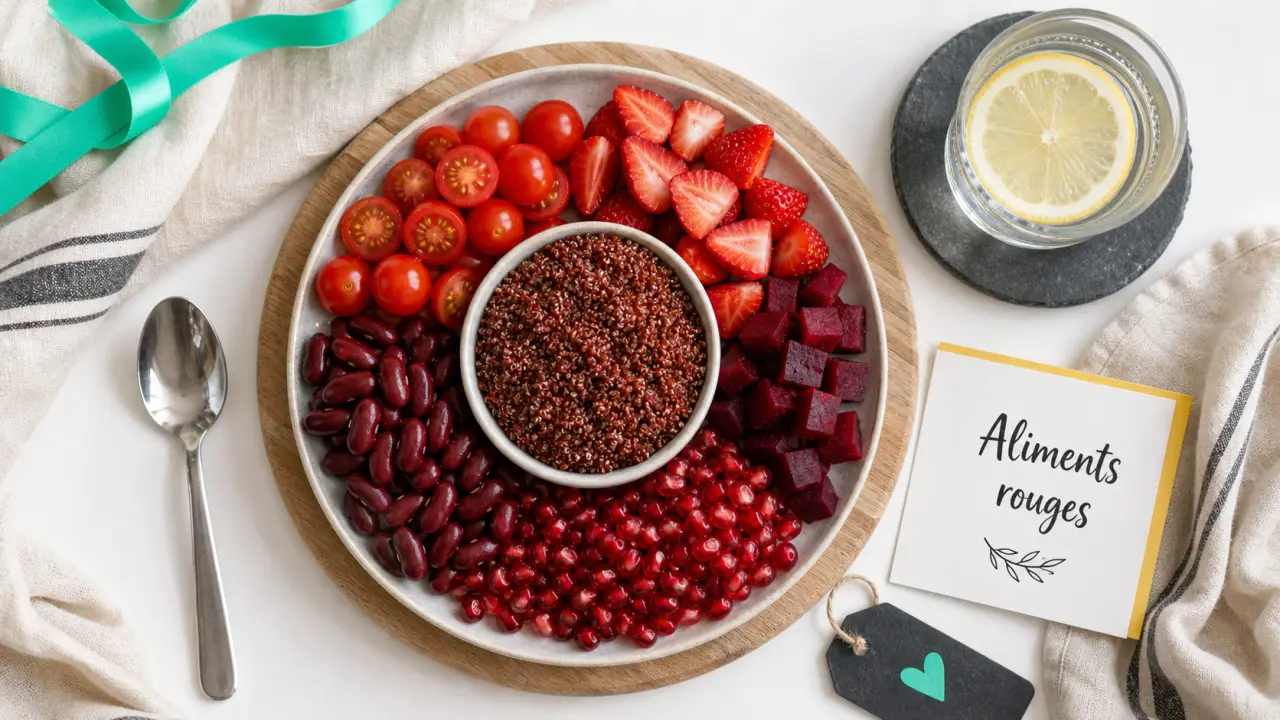 Aliment rouge : assiette de fruits, légumes et légumineuses rouges