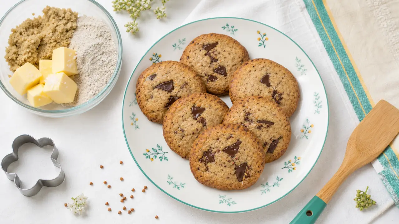 Biscuit sarrasin avec chocolat noir sur toile de cuisson blanche
