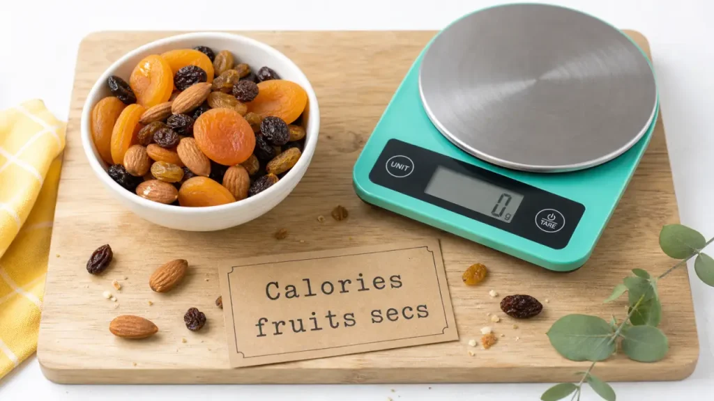 Calories dans les fruits secs : tableau 100 g, portion de 30 g et comparaison avec les fruits frais