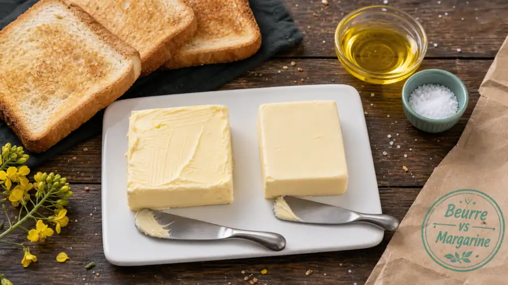 Difference entre beurre et margarine : beurre et margarine sur table, tartines et huile