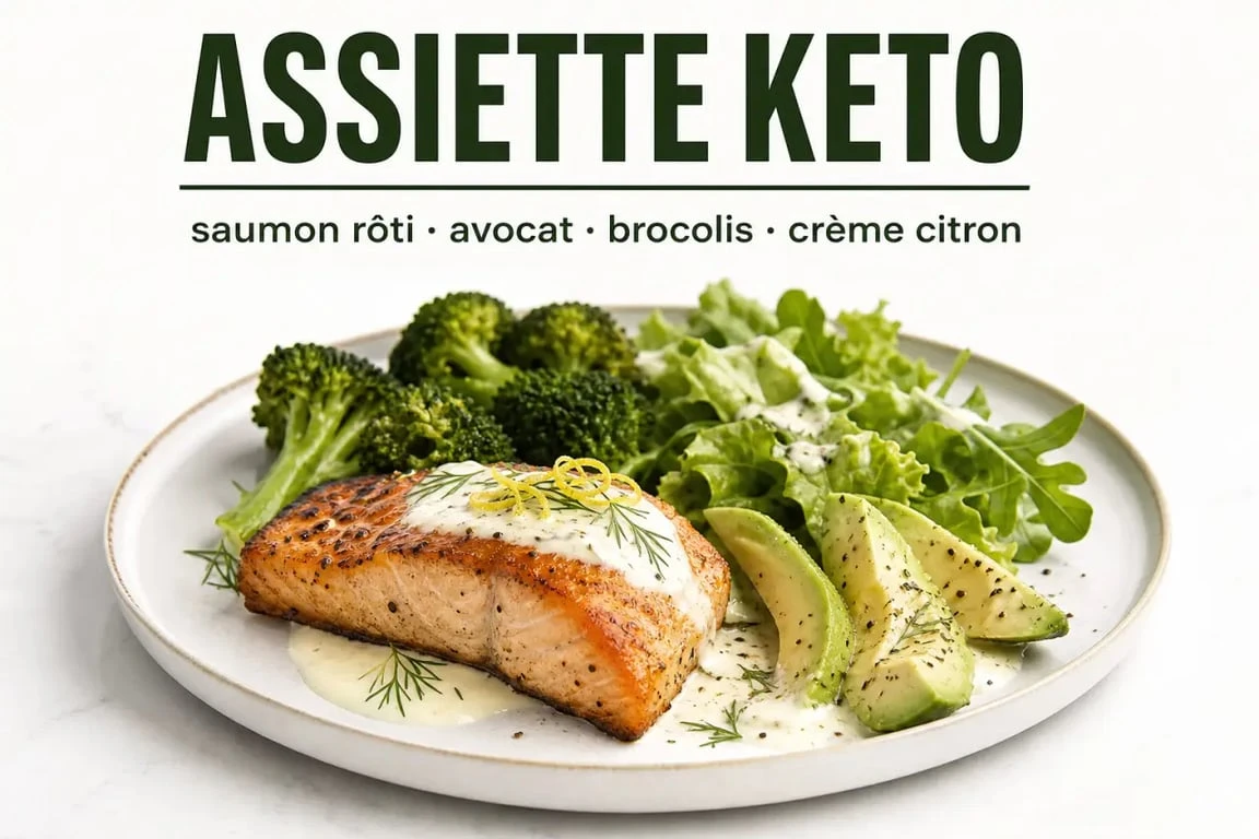 Recette keto de saumon rôti avec brocoli et avocat sur assiette dressée