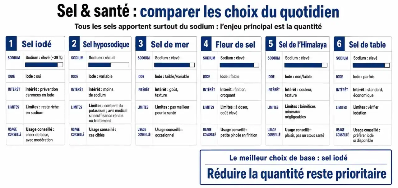 Meilleur sel pour la santé : infographie comparative des différents sels, avec sel iodé, sel hyposodique, sel de mer, fleur de sel et sel de l’Himalaya