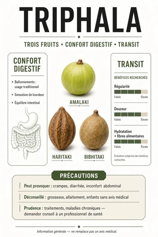 Triphala bienfaits : infographie sur les trois fruits, la digestion et les précautions