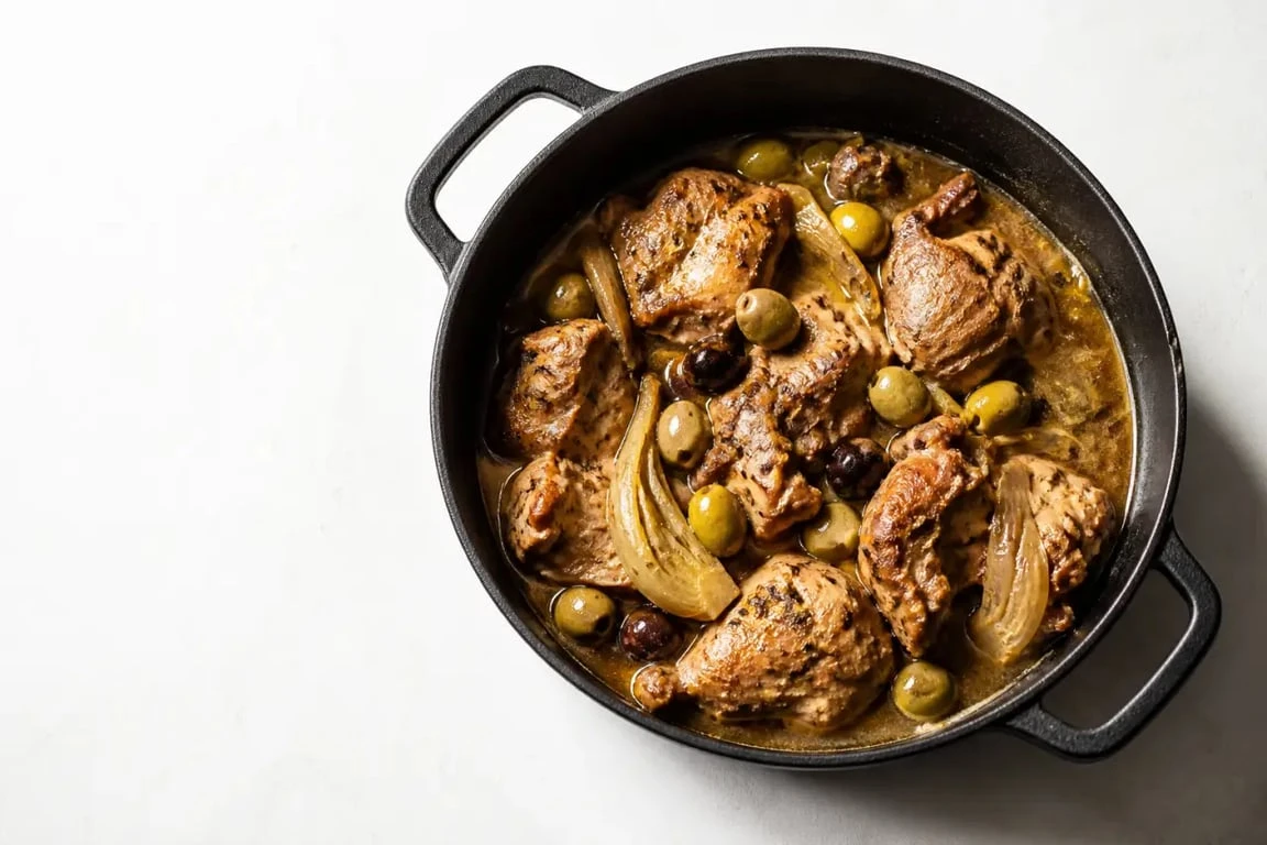 Veau corse aux olives mijoté en cocotte, servi chaud avec sauce au vin blanc