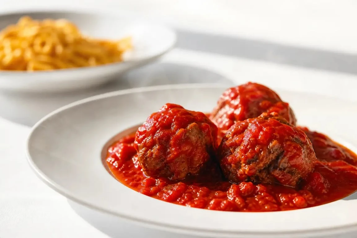 Boulette de viande sauce tomate servie dans une assiette avec sauce tomate mijotée
