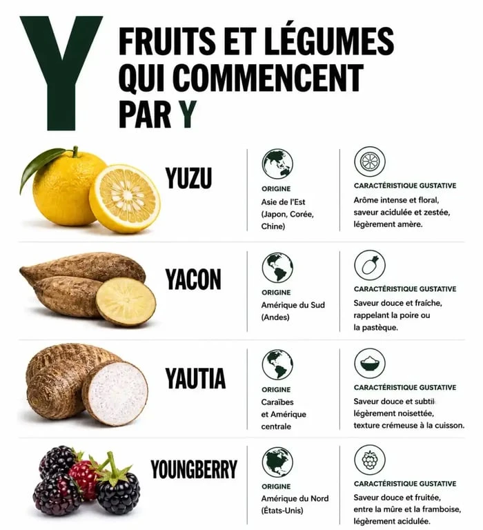 Infographie des fruits et légumes en Y : Yuzu, Yacon, Yautia et Youngberry