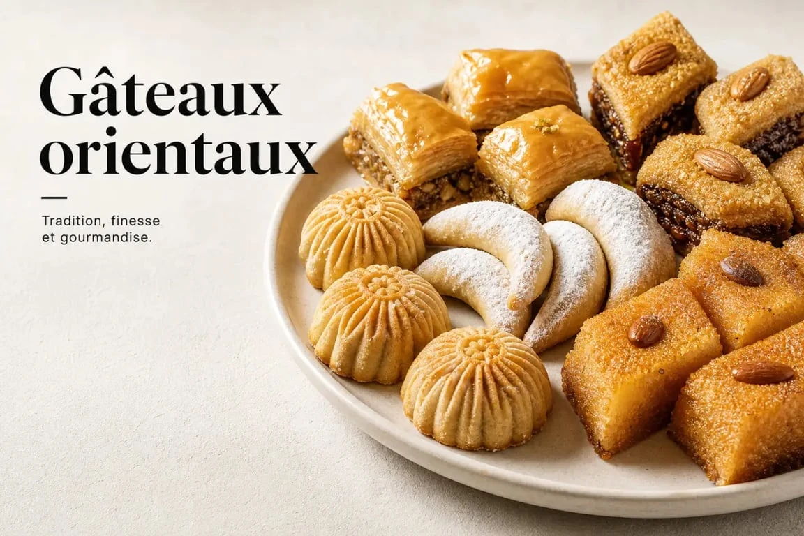 Assortiment de gâteau oriental avec baklawa, makrout, cornes de gazelle et basboussa