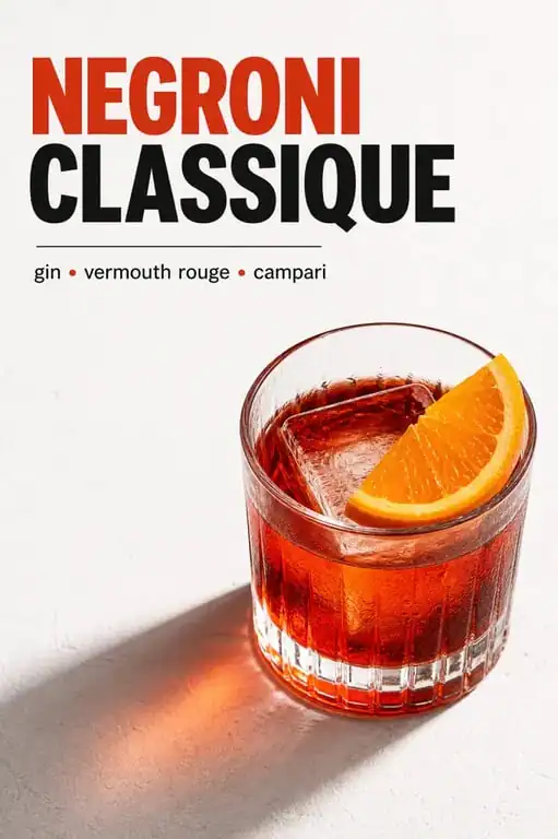 Cocktail Negroni classique avec sa recette, servi dans un verre avec une tranche d'orange.
