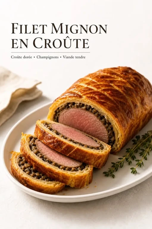 Filet mignon en croute doré et servi entier sur assiette blanche
