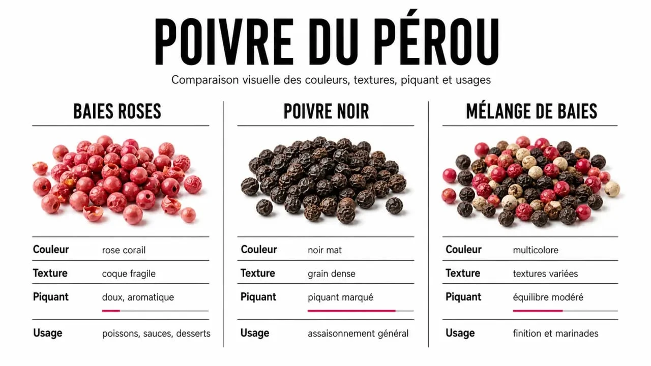 Le poivre du Pérou comparé au poivre noir et aux baies roses dans une illustration éditoriale