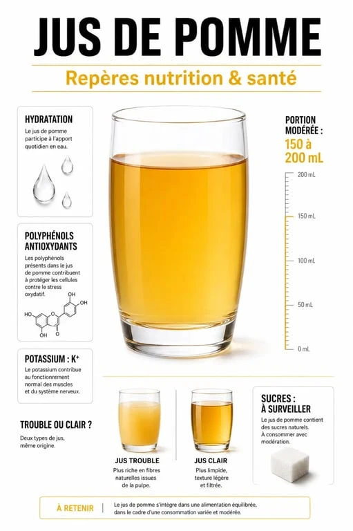 Infographie sur les jus de pommes bienfaits : hydratation, polyphénols, potassium, sucre et portions conseillées