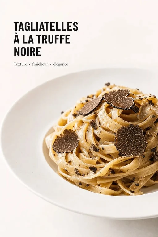 Recette de pâtes à la truffe noire fraîchement préparées dans une assiette élégante