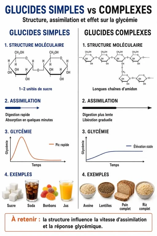 Infographie comparative : différence entre glucides et sucres, impact sur la glycémie et classification des glucides simples et complexes.