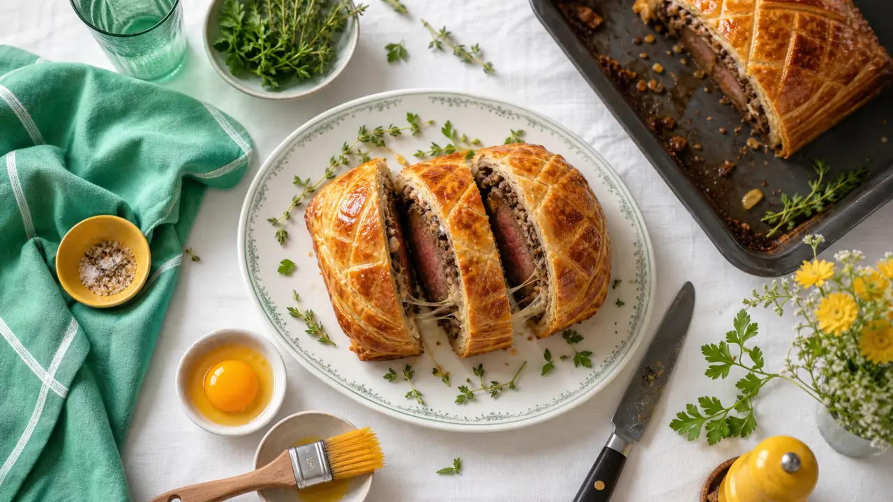 Filet mignon en croute, croûte dorée à 200°C, farce fondante