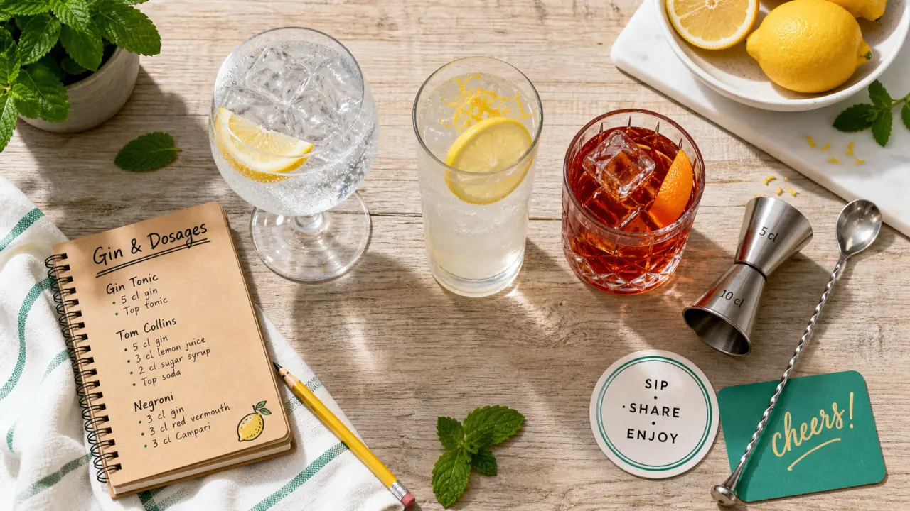 Gin cocktails : verres Gin Tonic, Negroni et Tom Collins au citron