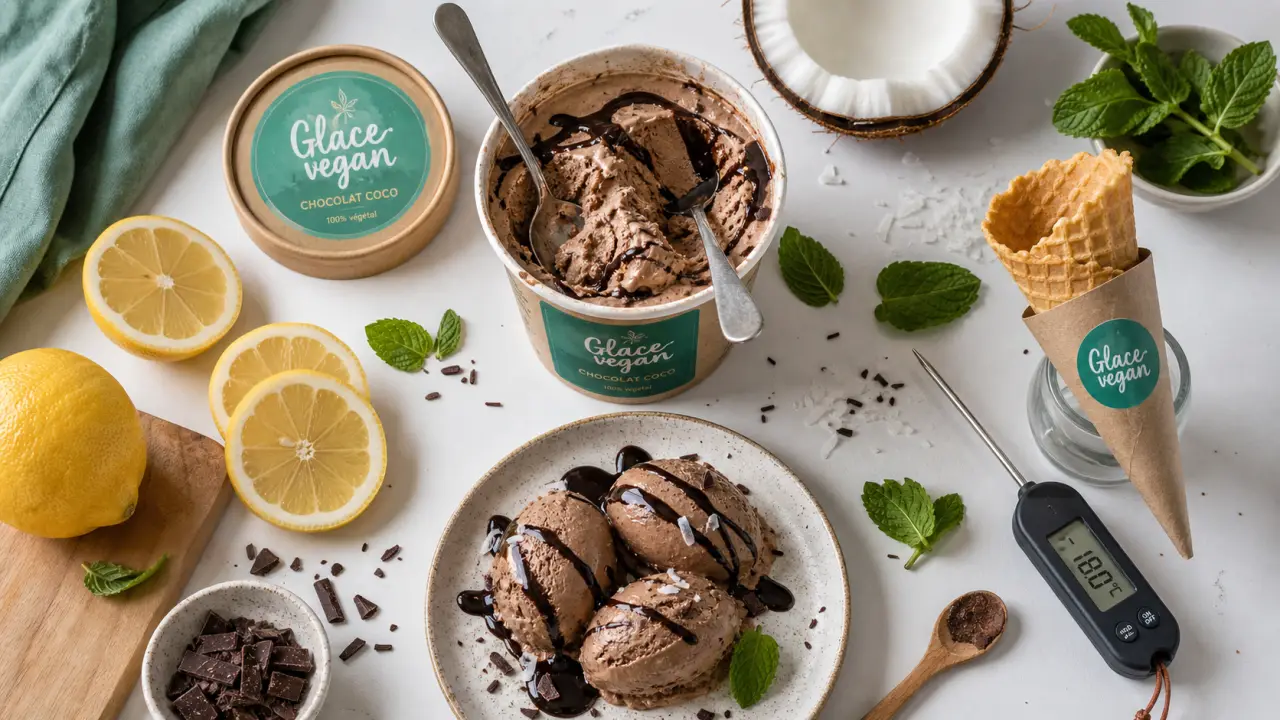 Glace vegan chocolat-coco, bases coco et avoine en bac