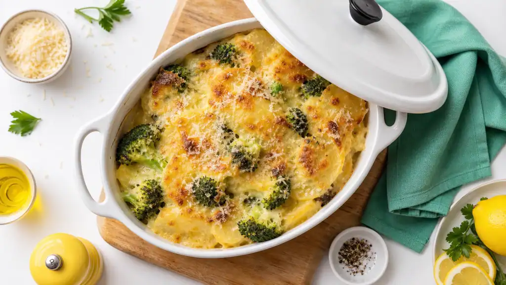 Gratin brocolie pomme de terre doré, brocoli vert fondant