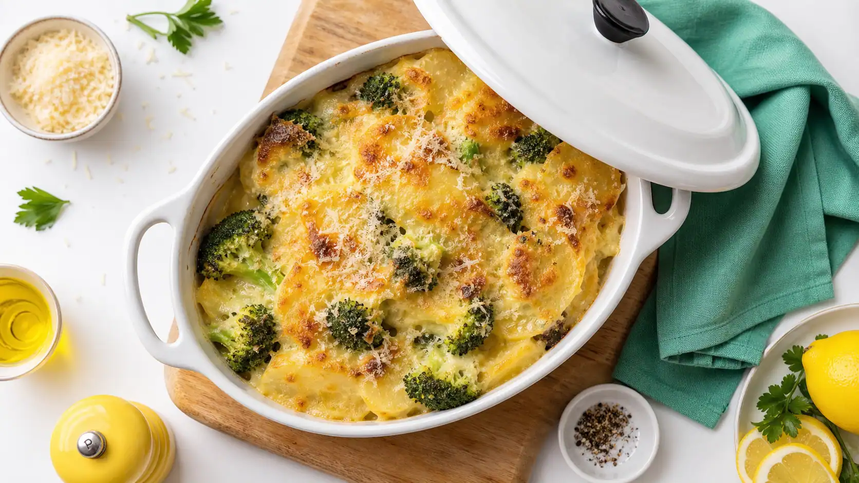 Gratin brocolie pomme de terre doré, brocoli vert fondant