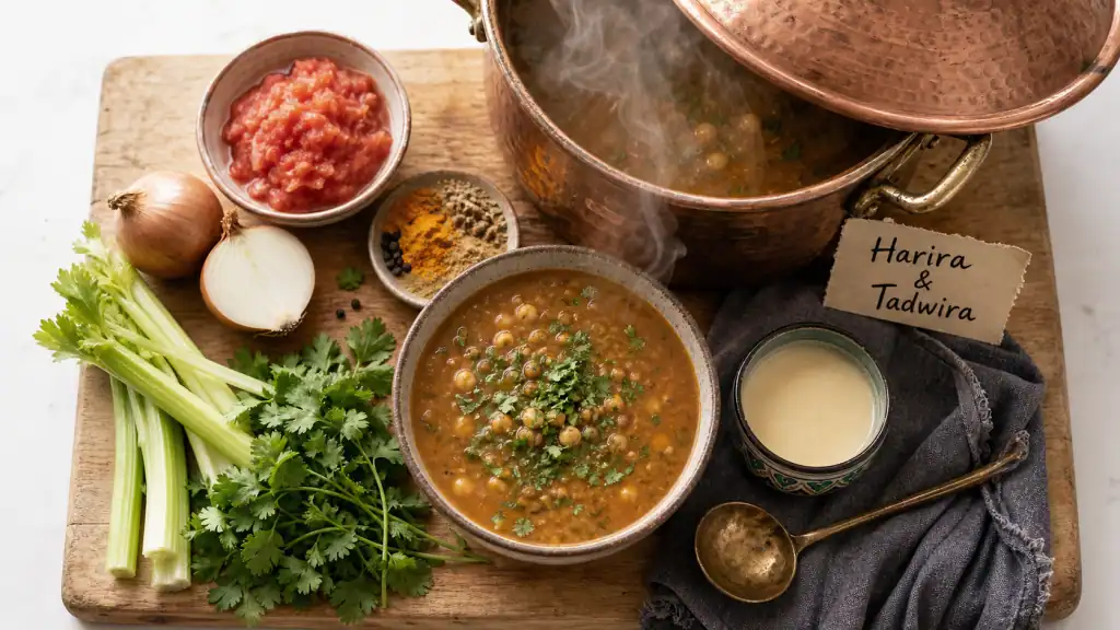 Harira origine : soupe marocaine aux pois chiches, lentilles et herbes