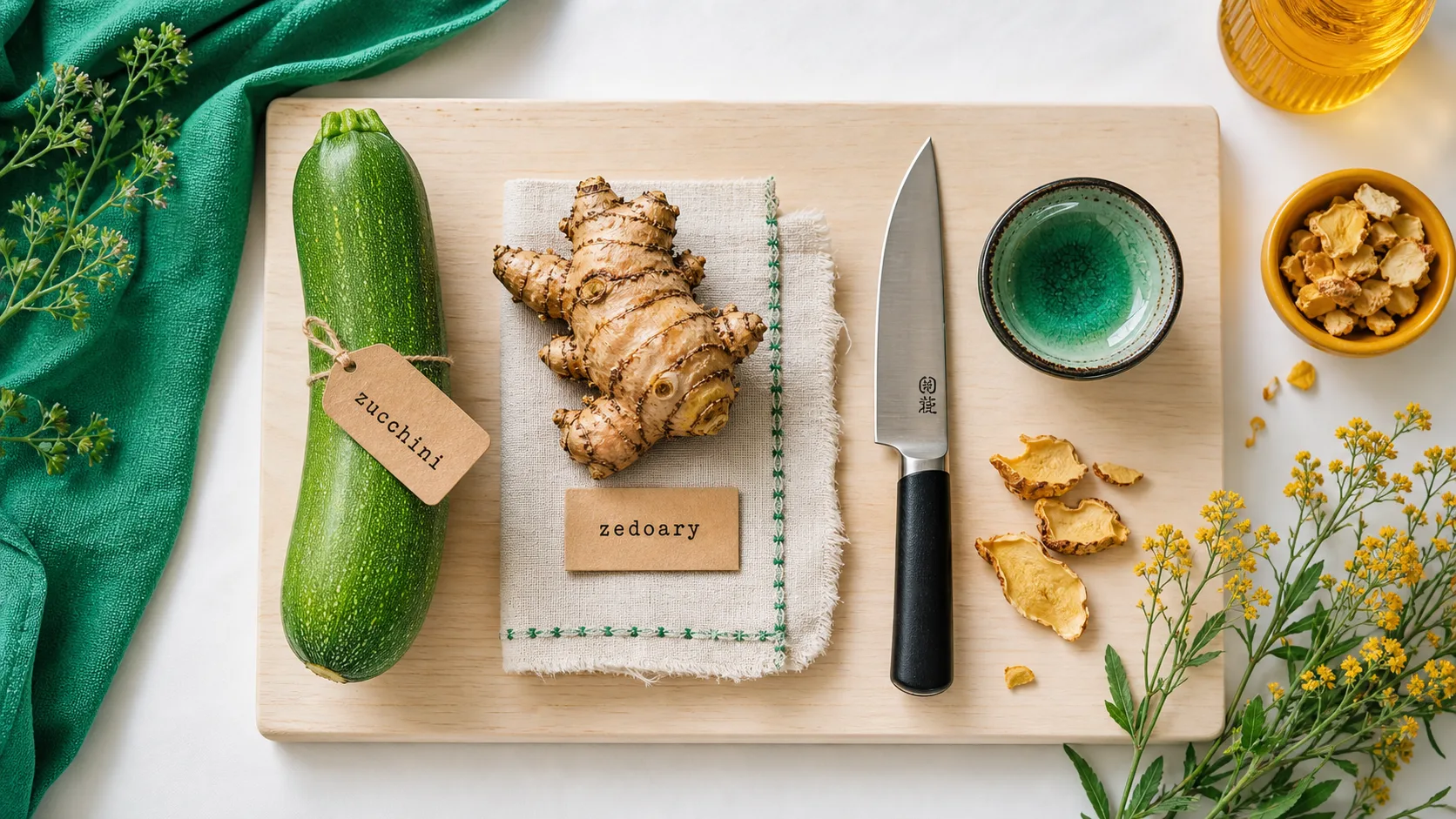 Legume en z : zucchini et zédoaire, flat-lay