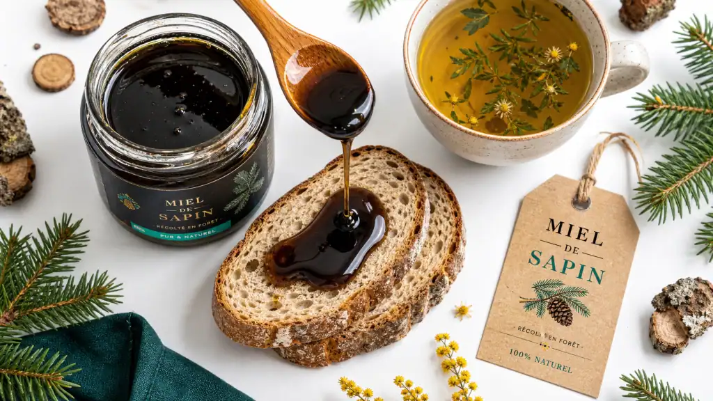 Miel de sapin bienfaits : pot sombre, miel sirupeux et tisane tiède