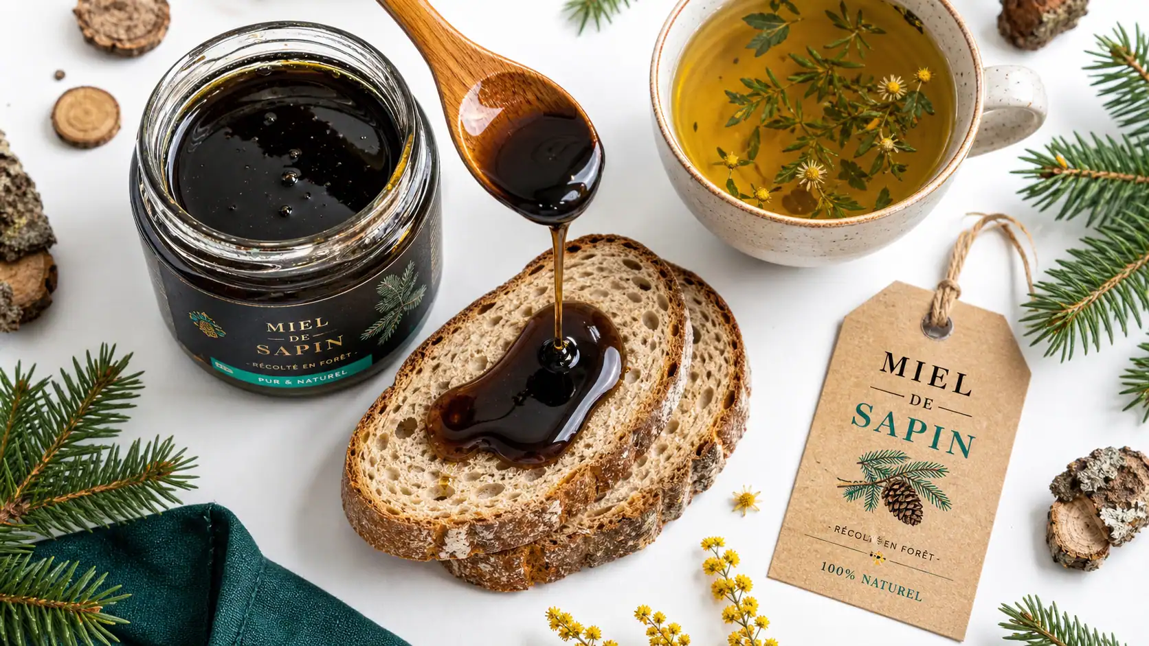 Miel de sapin bienfaits : pot sombre, miel sirupeux et tisane tiède