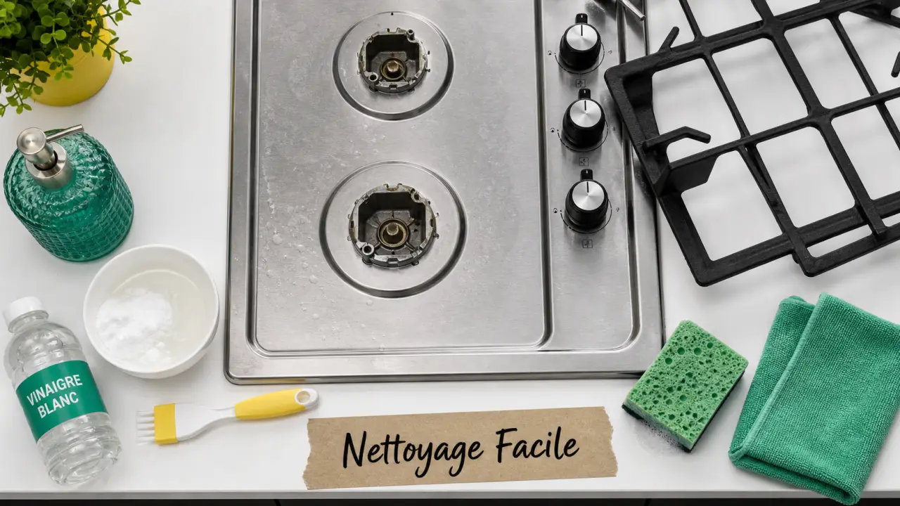 Plaque gaz facile à nettoyer, grilles inox et accessoires de nettoyage