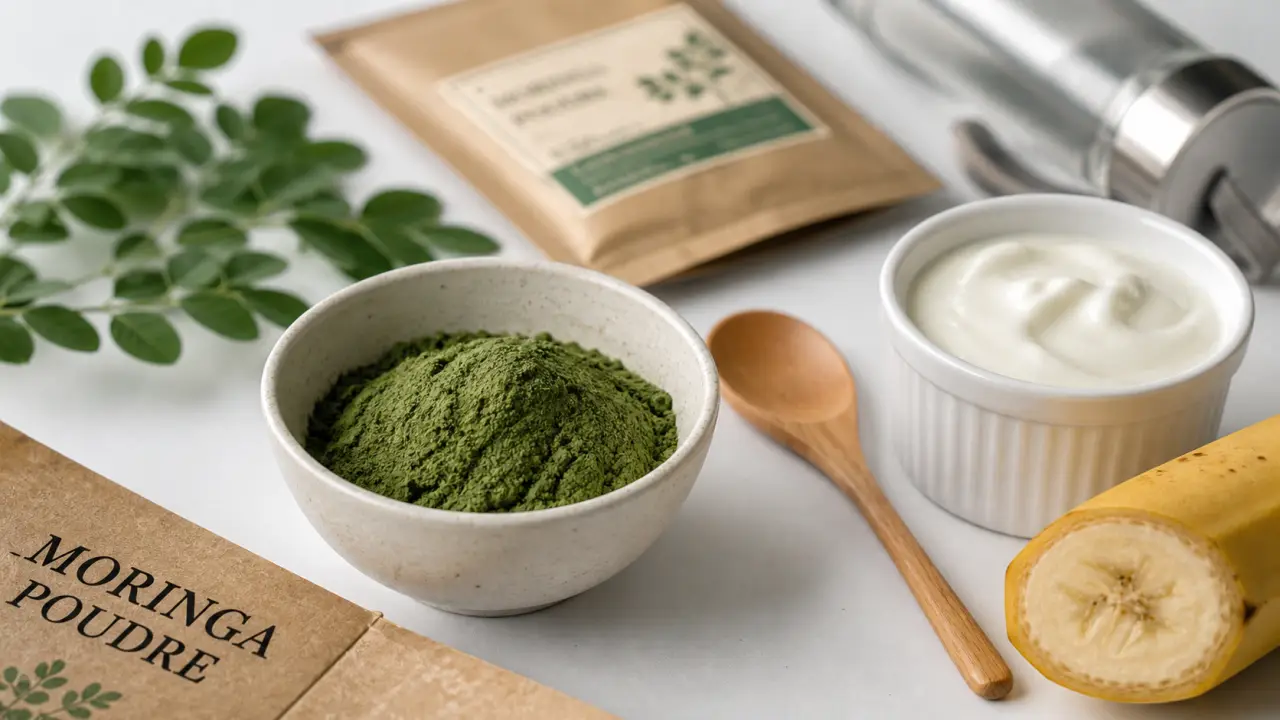 Poudre de moringa bienfait : dose 2 à 6 g et précautions, bol de poudre verte
