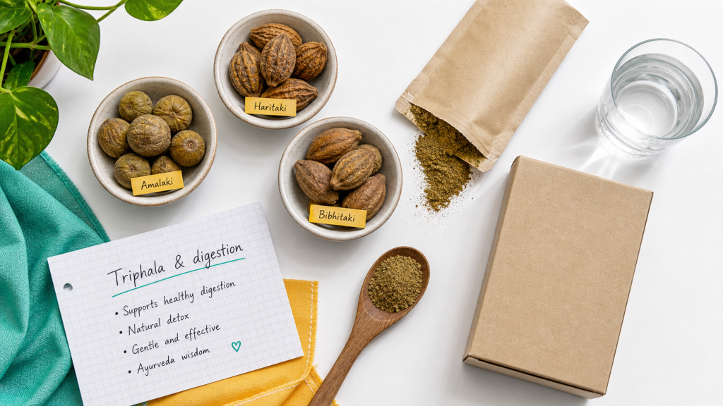 Triphala bienfaits : fruits séchés amalaki, haritaki, bibhitaki et poudre