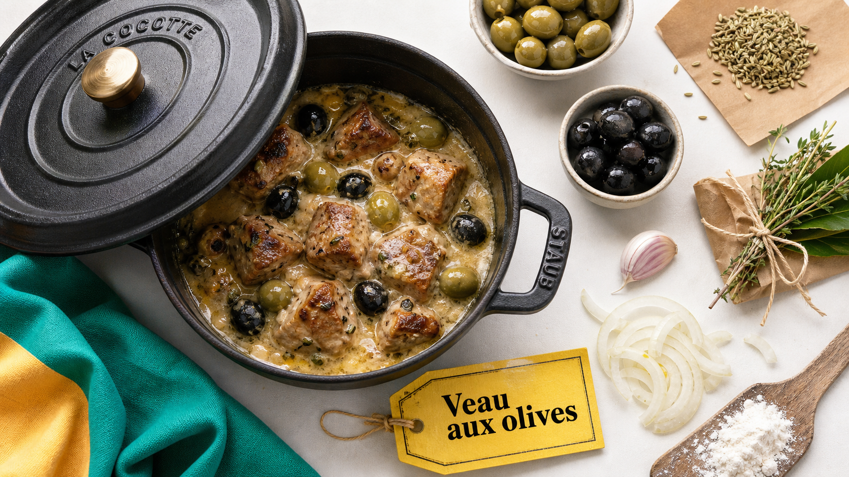 Veau corse aux olives en cocotte, sauce au fenouil et olives blanchies