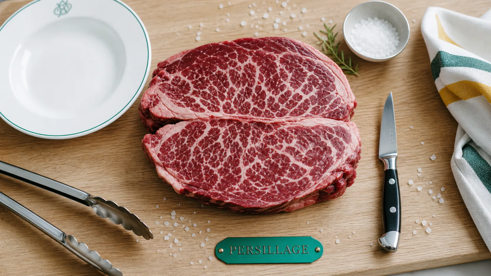 Photo de viande persillée avec marbrures blanches en coupe macro