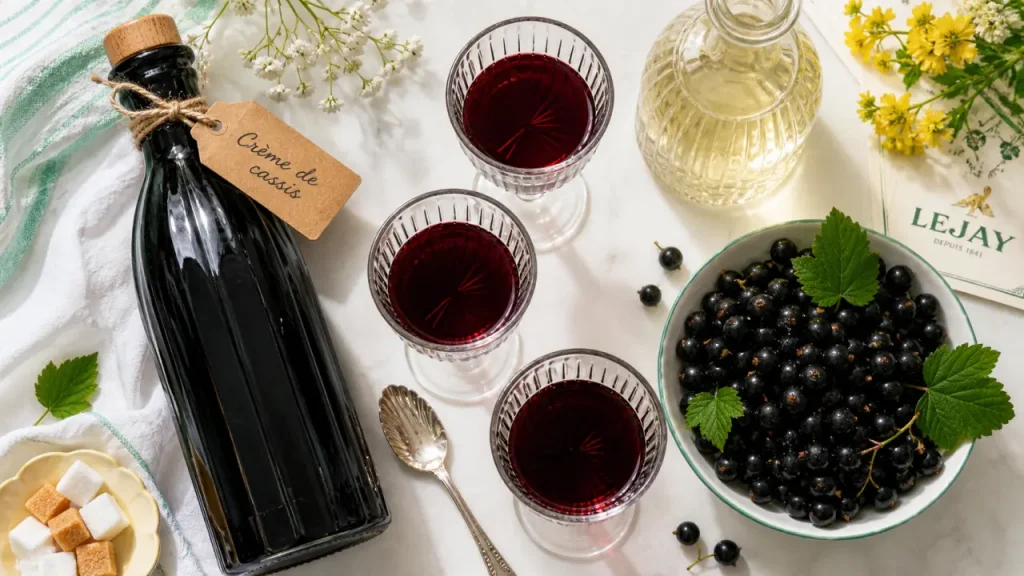 Crème du cassis maison : verres à kir, baies noires et macération