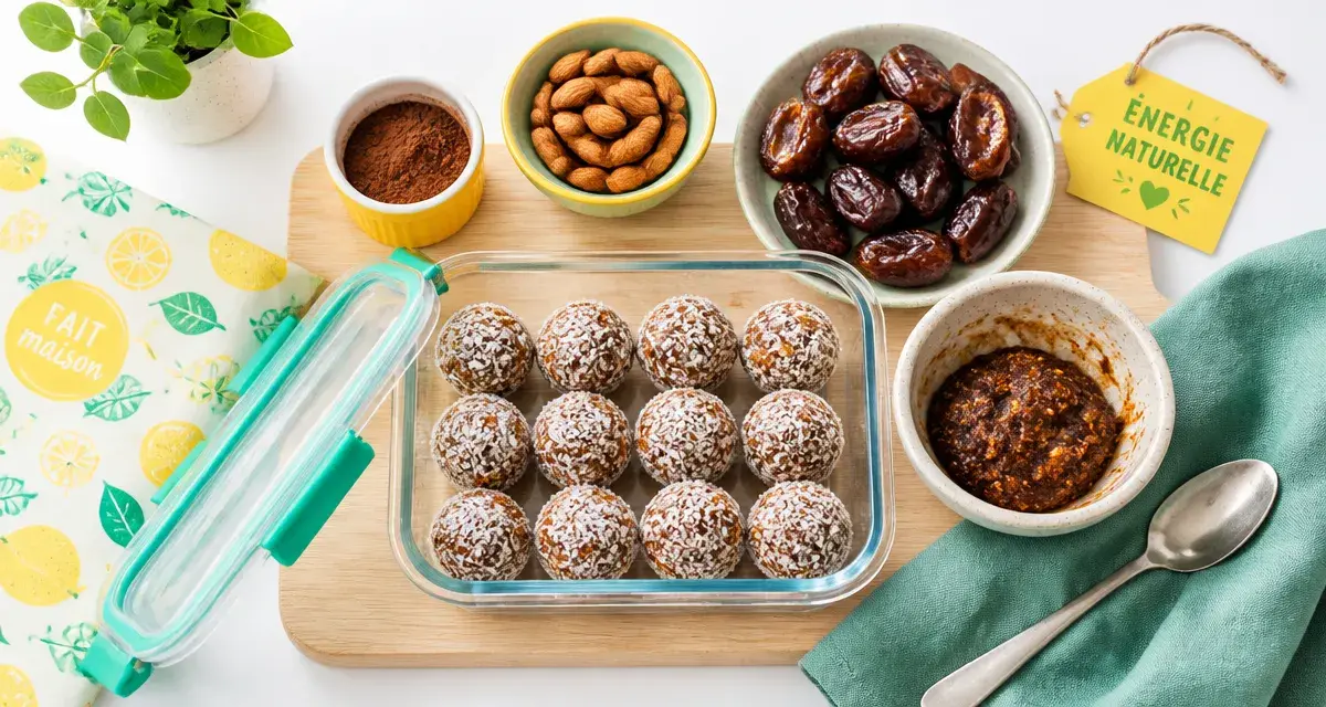 Energy balls maison noix de coco et cacao sur planche bois