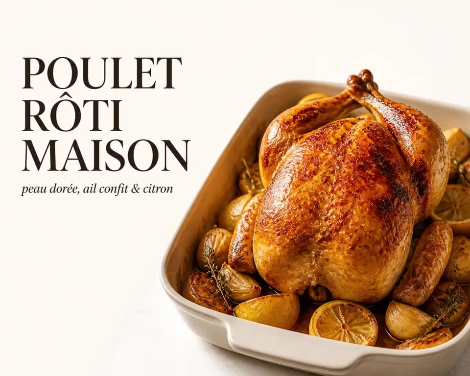 Poulet rotisserie doré au four servi avec citron et ail confit
