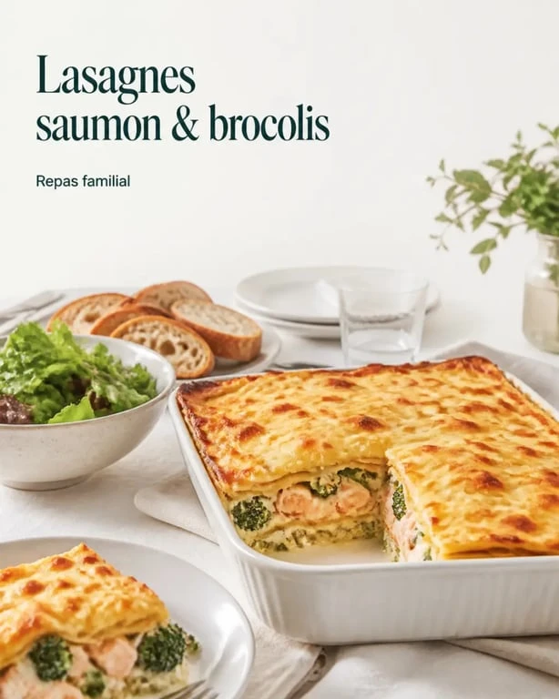 Repas convivial autour d'un grand plat de lasagnes au saumon et brocolis