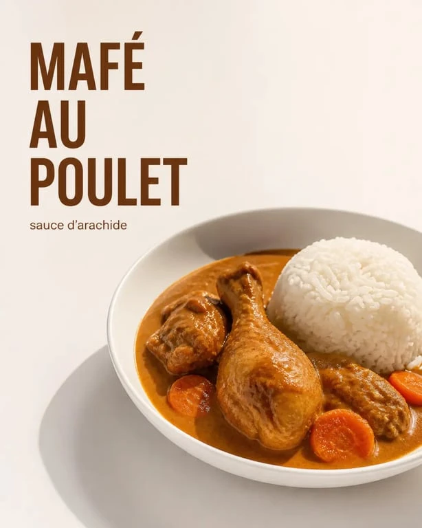 Recette mafe recette au poulet servie avec riz, sauce d’arachide onctueuse et carottes