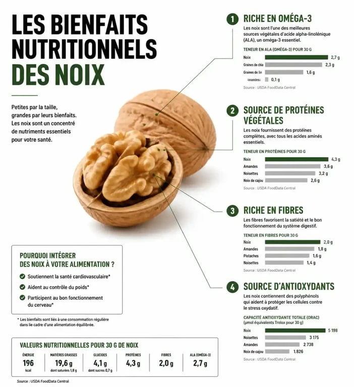 Infographie des bienfaits des noix pour la santé et apports nutritionnels