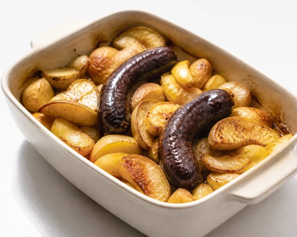 Boudins noir au four dorés avec pommes et oignons dans un plat