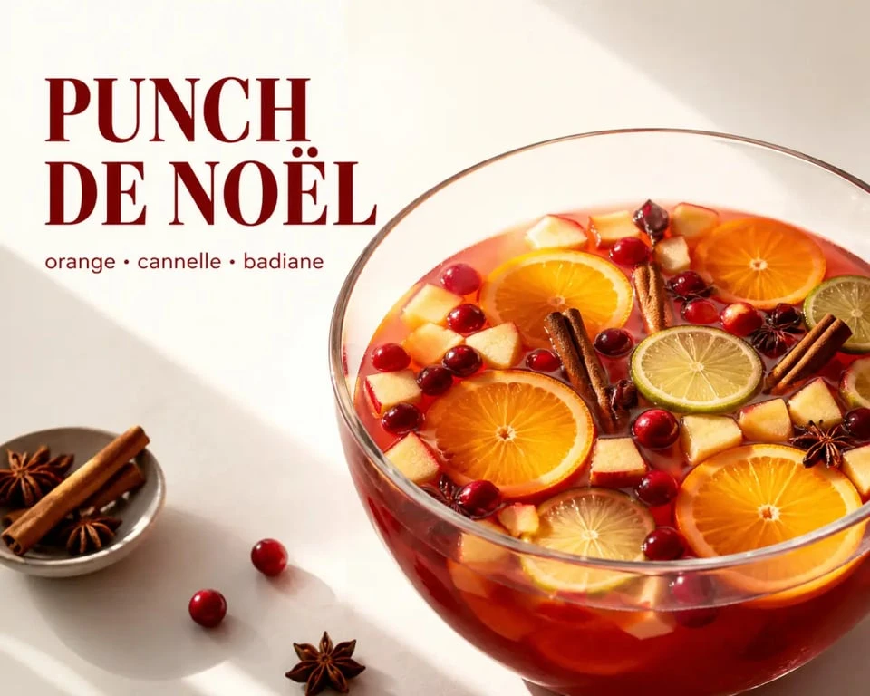Recette punch de Noël servie dans un grand saladier festif avec agrumes et épices