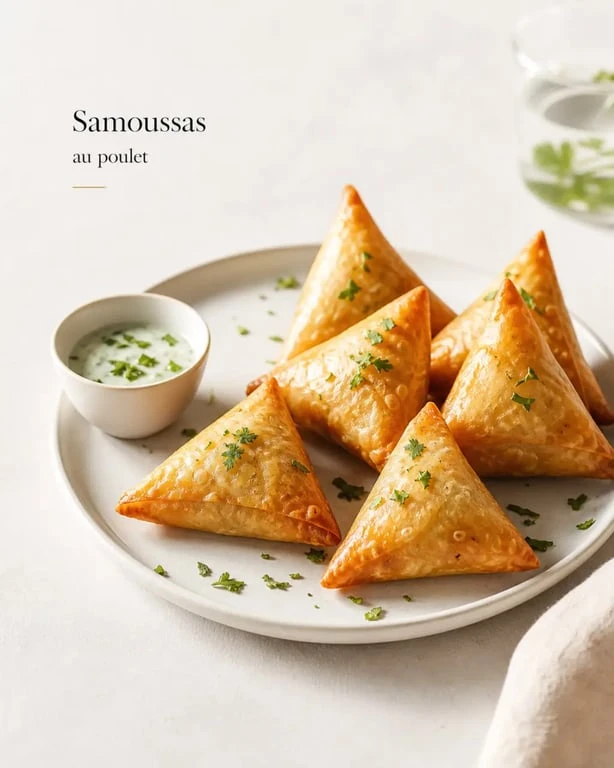 Samoussa poulet croustillant dressé sur assiette avec sauce, recette de samoussa poulet