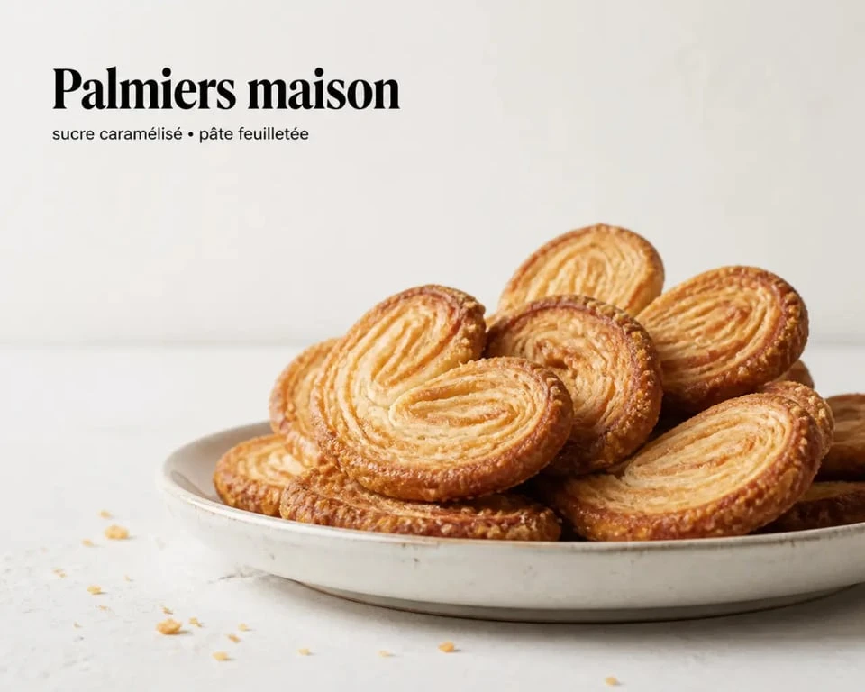 Recette palmier au sucre de palmiers dorés et croustillants sur assiette blanche