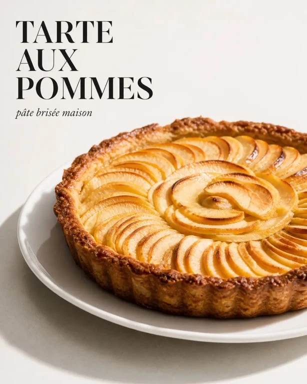 Pâte brisée tarte aux pommes maison dorée sur assiette blanche