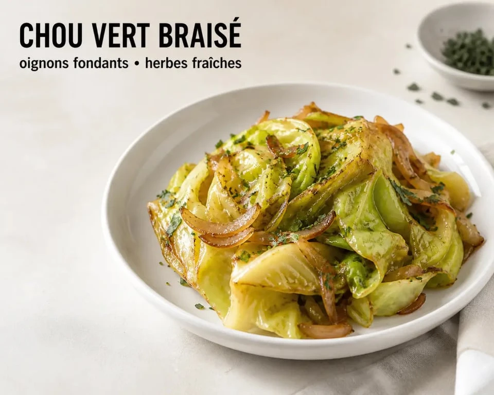 Comment cuire du choux vert : chou vert braisé aux oignons servi dans une assiette