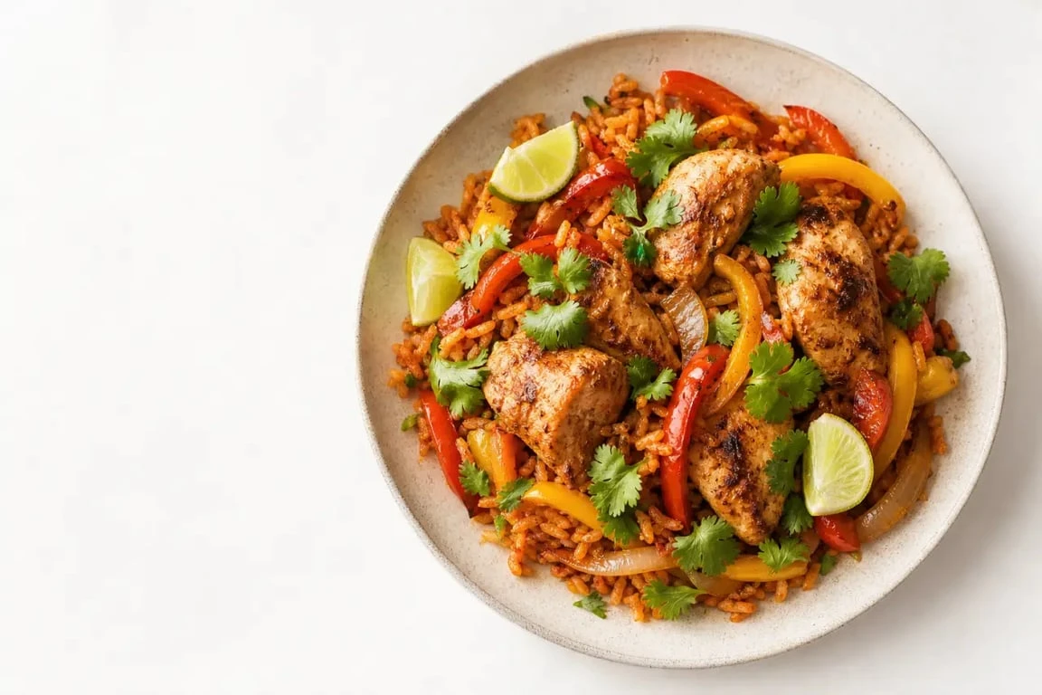 Tex mex poulet servi avec riz, poivrons et citron vert