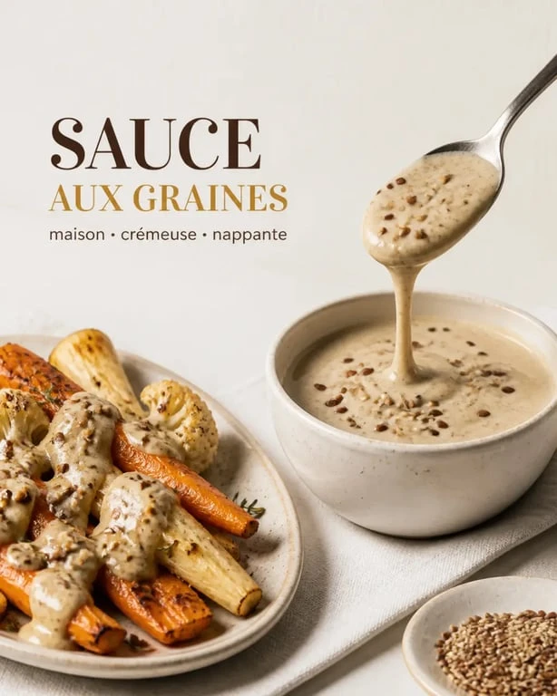 Sauce graines maison crémeuse servie en bol avec légumes rôtis