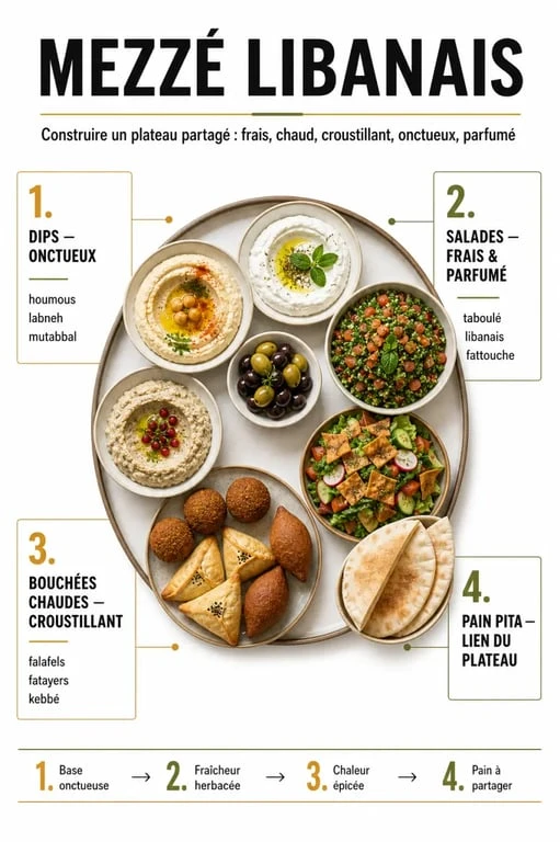 Mezzé libanais : plateau composé de houmous, taboulé, fattouche, falafels, fatayers et pain pita